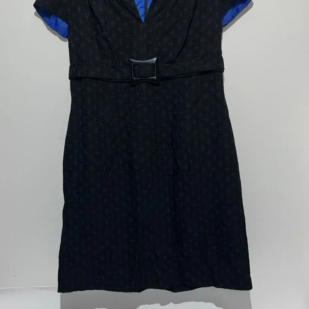 Donna Ricco Black Split Neck‎ Belted Short Sleeve Fit & Flare Dress Size 10